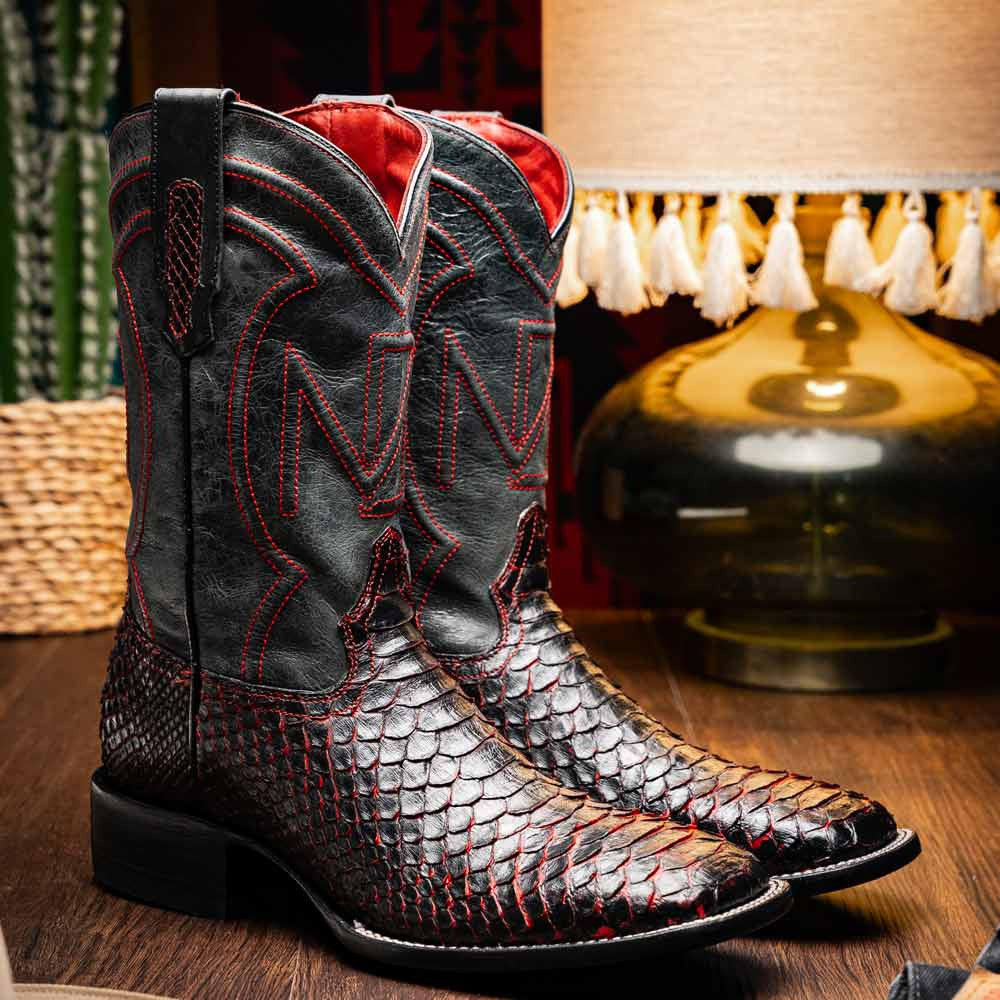 Missouri Genuine Python Skin Black Cherry Cowboy Boot | Marco Di Milano Western Boots