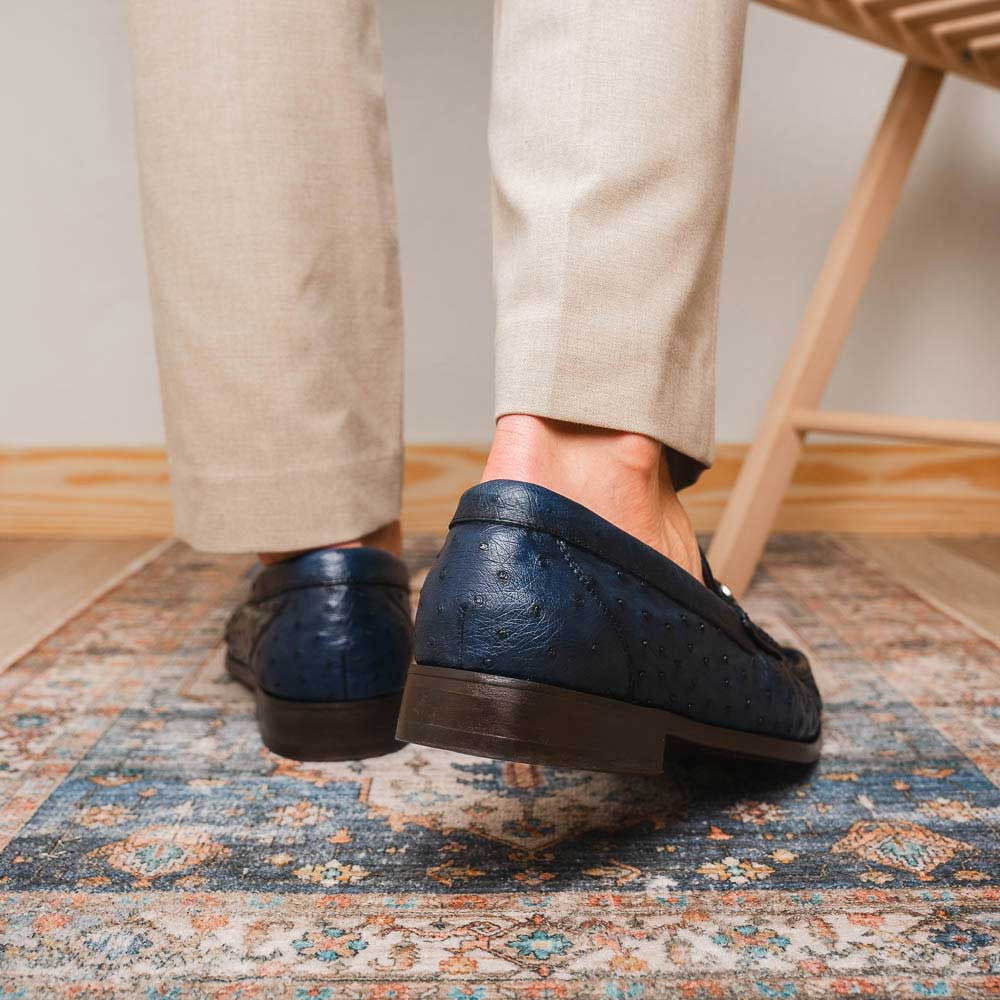 Ferrioni Men’s Genuine Ostrich Moc Toe Bit Loafers | Marco Di Milano in Navy