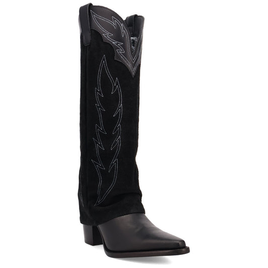 Wild Fire Black with White Embroidery Cuffed Snip Toe Women Leather Boot | Dingo Western Cowgirl Boots