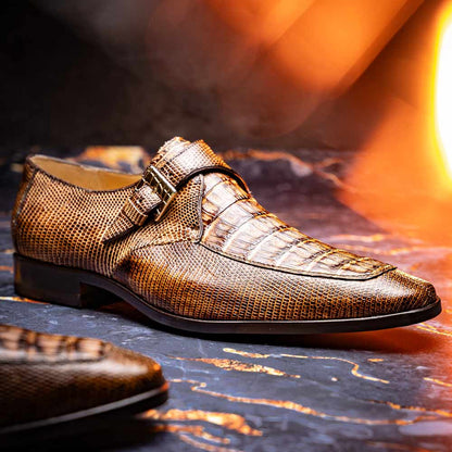 Toluca Genuine Crocodile and Lizard Skin Monk Strap | Marco Di Milano Exotic Dress Shoes in Rustic Orix
