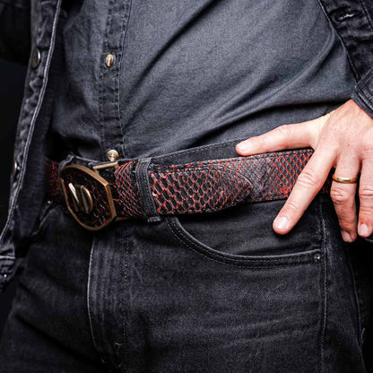 Arkansas Genuine Python Skin Western Belt in Black Cherry with Antique Western Buckle | Marco Di Milano Exotic Belt