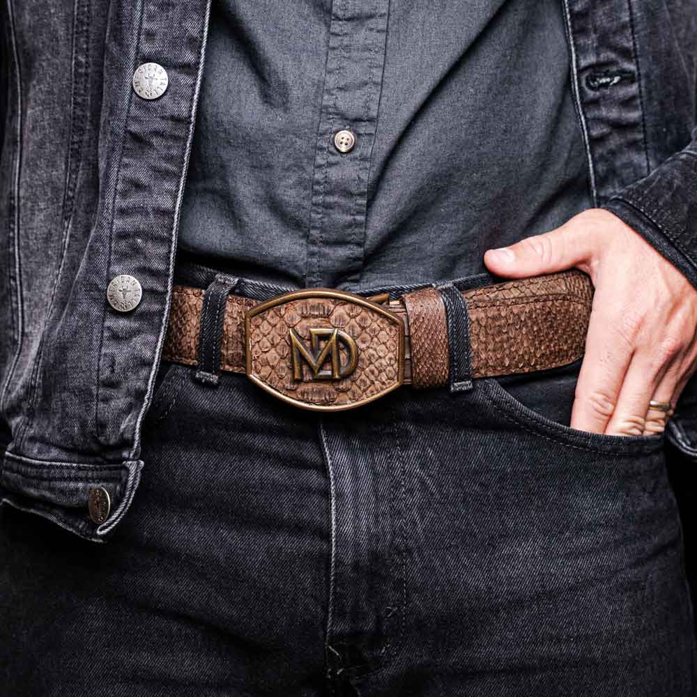 Arkansas Genuine Python Skin Western Belt in Brown with Antique Western Buckle | Marco Di Milano Exotic Belt