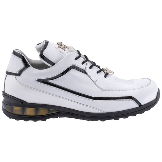 MAURI Shoes Men’s Boost Sneaker White & Black Calfskin, Baby Crocodile & Patent Leather Luxury Sneakers