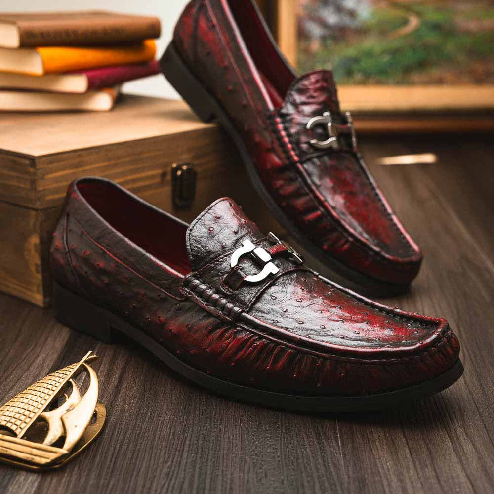 Ferrioni Black Cherry Genuine Ostrich Moc Toe Bit Loafers | MARCO DI MILANO