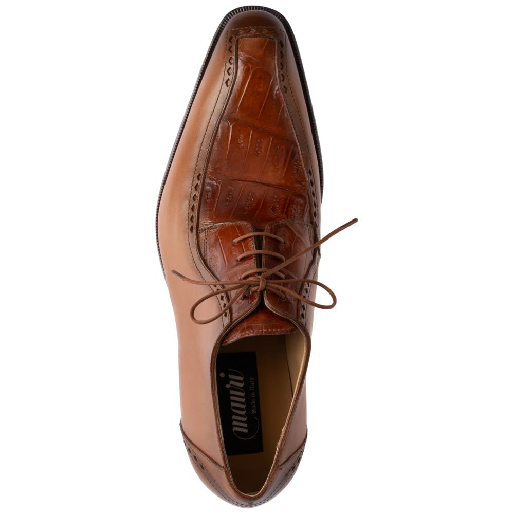 MAURI Shoes Men’s Derby Lace-Up Cognac Calfskin & Baby Crocodile Leather Luxury Dress Shoes