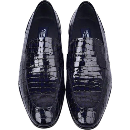Corrente Men’s Crocodile Embossed Dark Navy Almond Toe Loafer
