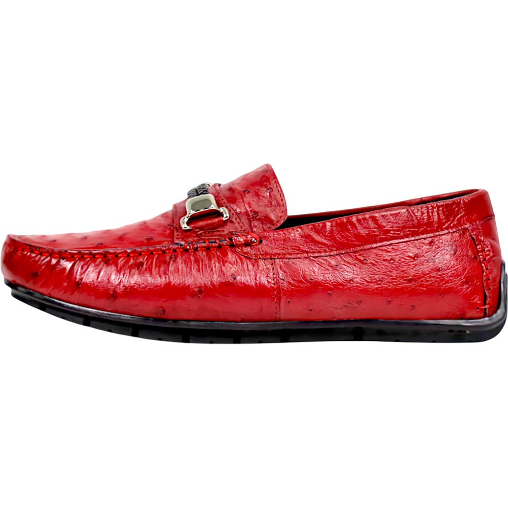 Mauri Sprinter Men's Campari Red Exotic Ostrich Horsebit Slip-On Driver Shoes