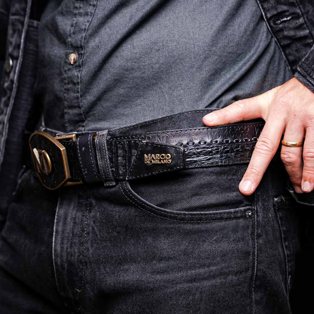 Montana Genuine Caiman Crocodile Skin Belt in Black with Antique Western Buckle | Marco Di Milano Exotic Belt
