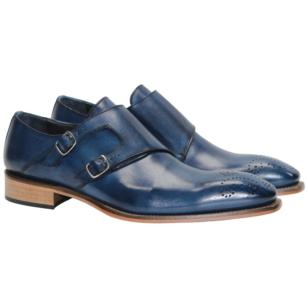 Vergato Blue Calfskin Leather Monkstraps Oxford | Duca Dress Shoes for Men