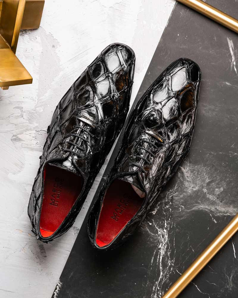 Marco Di Milano Olivieri Genuine Pirarucu Skin Black Tassel Oxford Shoes