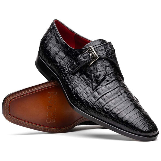 Rovigo Black Men’s Genuine Caiman Crocodile Dress Monk Strap | Marco Di Milano