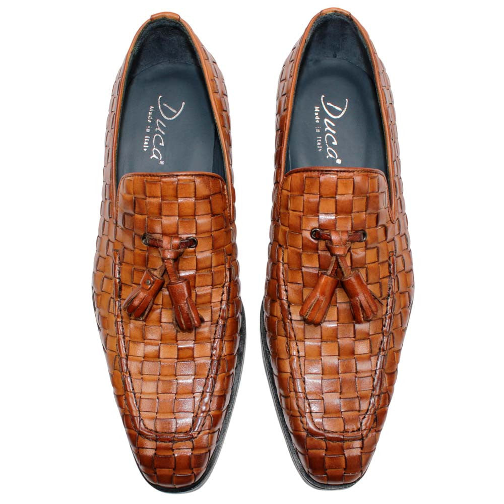 DUCA Tirrenea Cognac Men's Italian Woven Leather Tassel Loafers