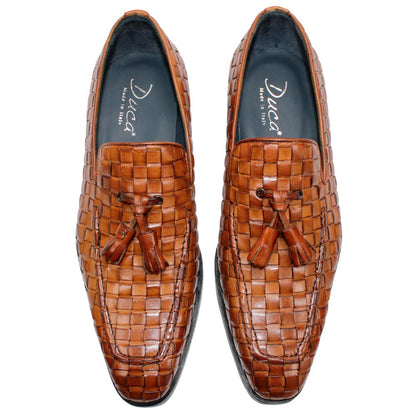 DUCA Tirrenea Cognac Men's Italian Woven Leather Tassel Loafers
