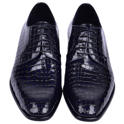 Corrente Men's Croco-Print Calfskin Derby - Navy