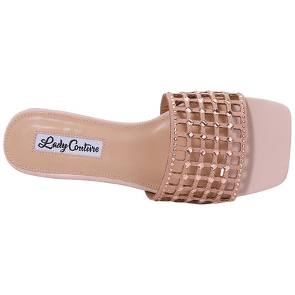 Lady Couture Women's Garden Rose Gold Geometric Crystal Flat Slide Sandals