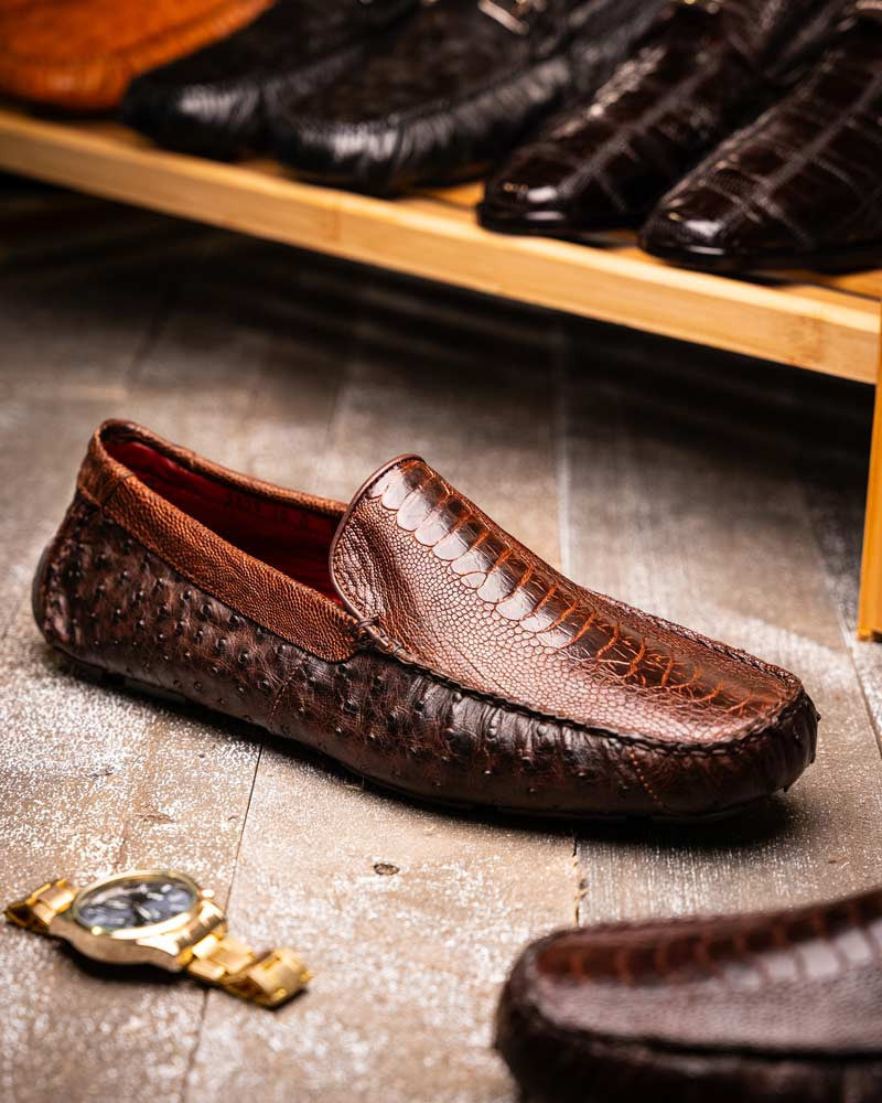 Alba Men’s Kango Tabac Genuine Ostrich Leg Driving Shoes | Marco Di Milano