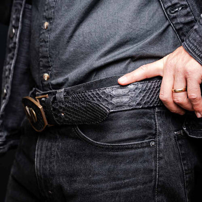 Arkansas Genuine Python Skin Western Belt in Black with Antique Western Buckle | Marco Di Milano Exotic Belt