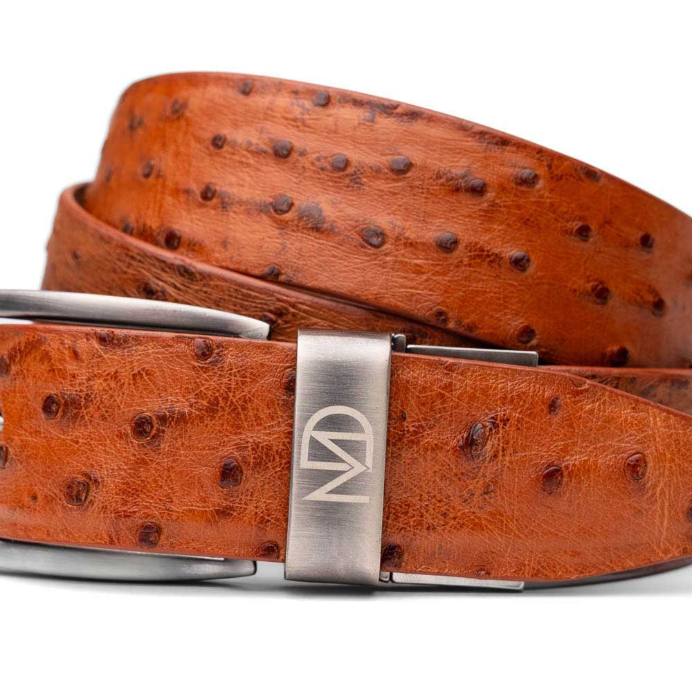 Domenico Men’s Genuine Exotic Ostrich Belts With Brushed Chrome Buckle | Marco Di Milano Exotic Belt in Cognac