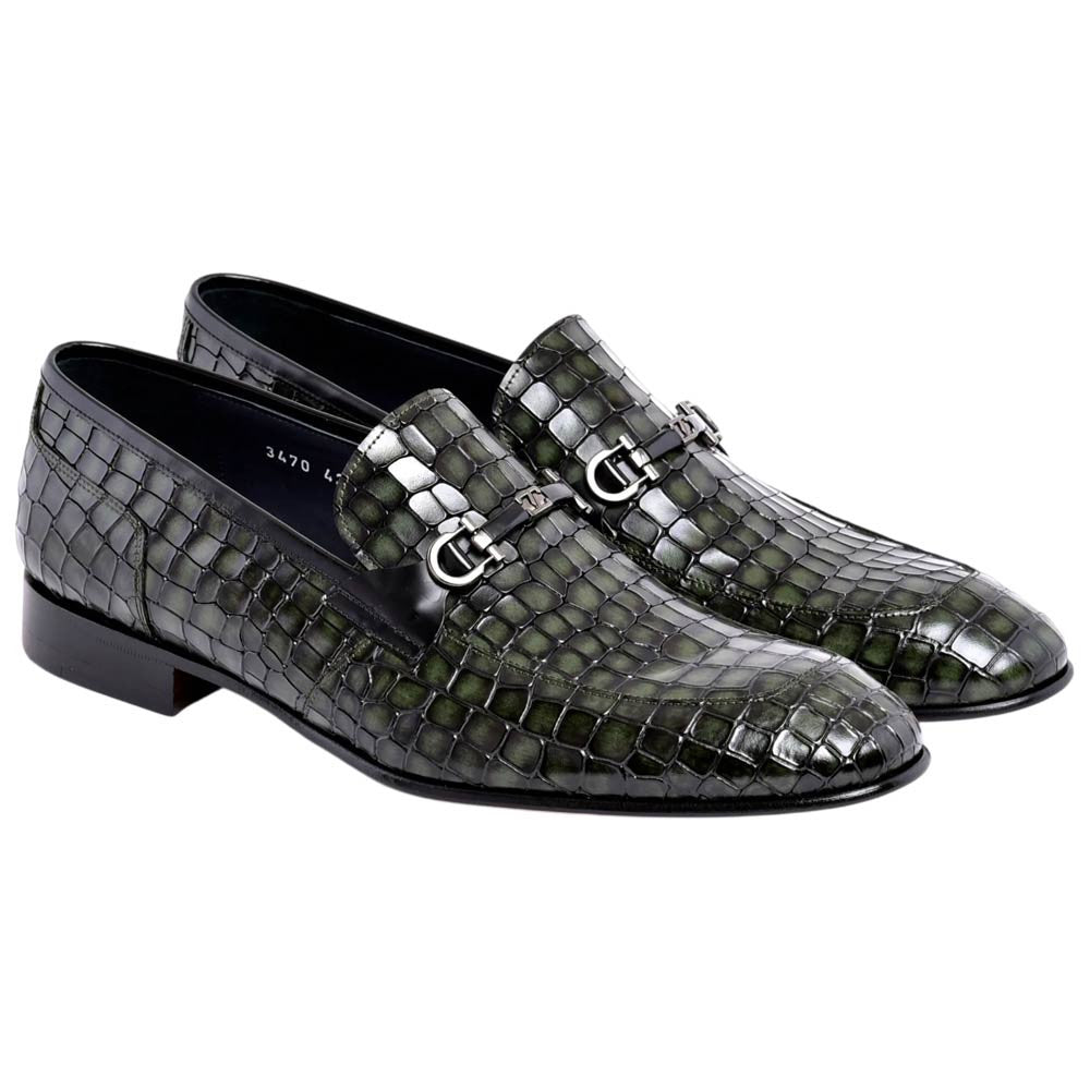 Corrente Men's Crocodile Print Leather Bit Loafer - Green
