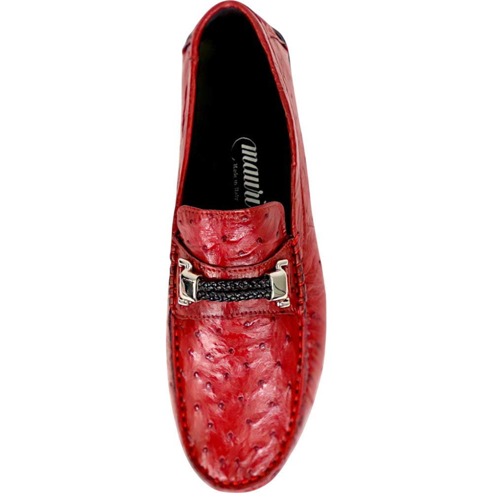 Mauri Sprinter Men's Campari Red Exotic Ostrich Horsebit Slip-On Driver Shoes