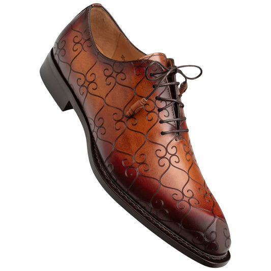 Tribeca Laser Print Patina Calfskin Cognac Rust Oxford | Mezlan Dress Shoes for Men