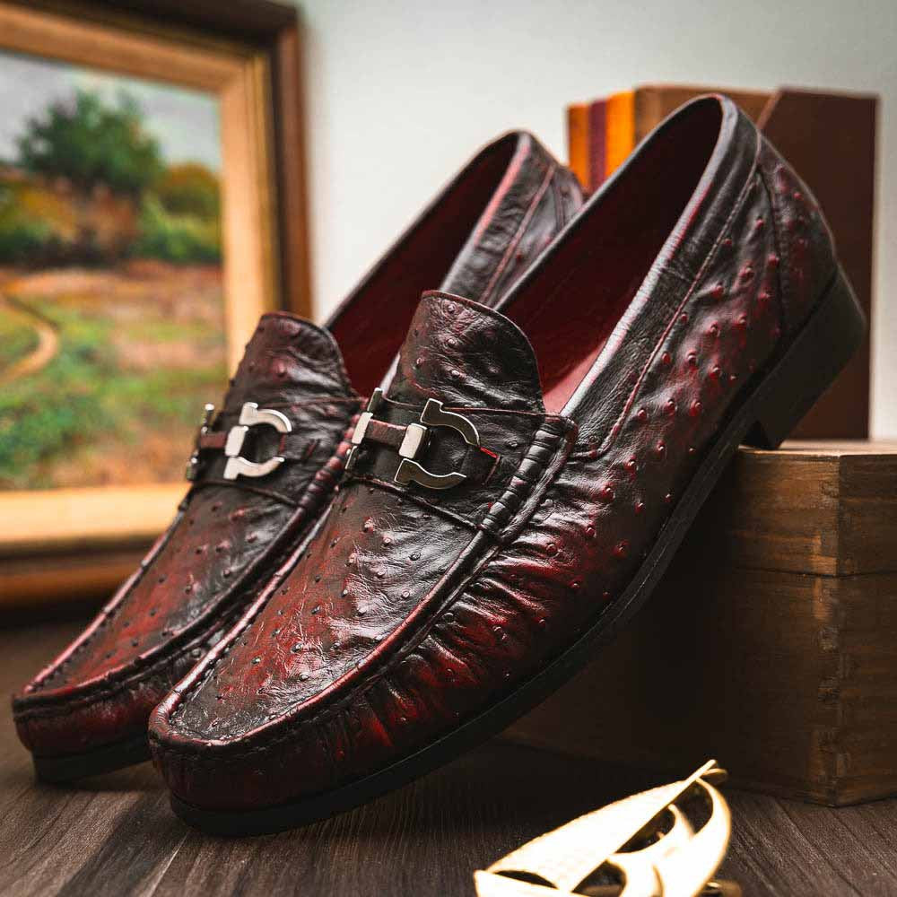 Ferrioni Black Cherry Genuine Ostrich Moc Toe Bit Loafers | MARCO DI MILANO