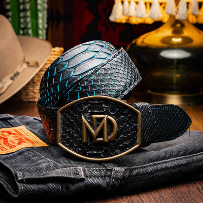 Arkansas Genuine Python Skin Western Belt in Black/Blue with Antique Western Buckle | Marco Di Milano Exotic Belt