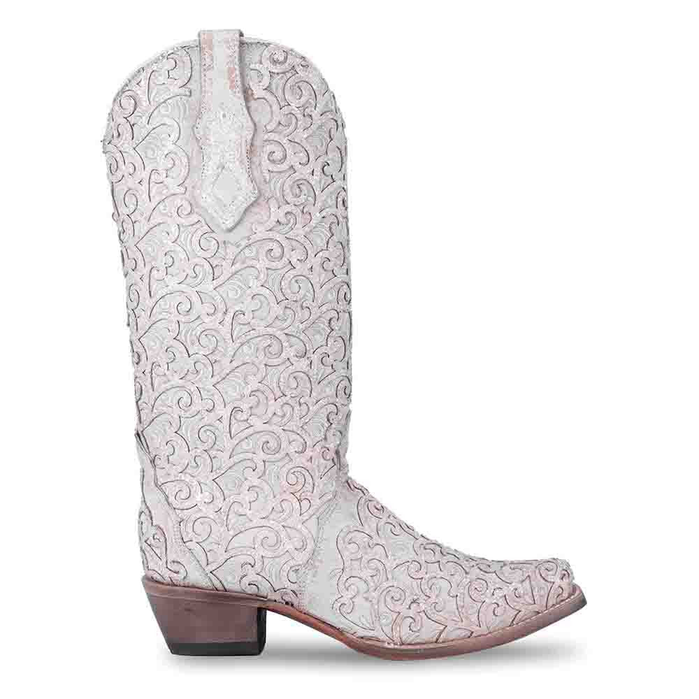 Corral Overlay Snip Toe Western White Glitter Boots
