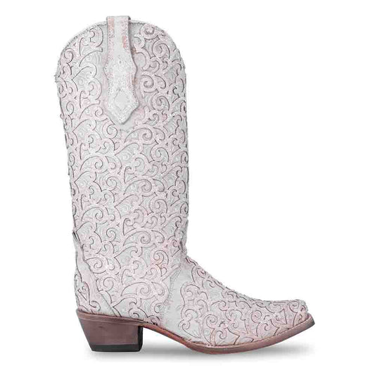 Corral Overlay Snip Toe Western White Glitter Boots