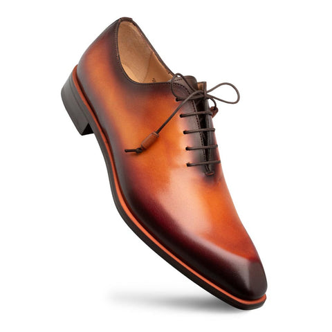 Mezlan Dietro New Tan Whole Cut Angular Patina-Finish Calfskin Oxford Shoes