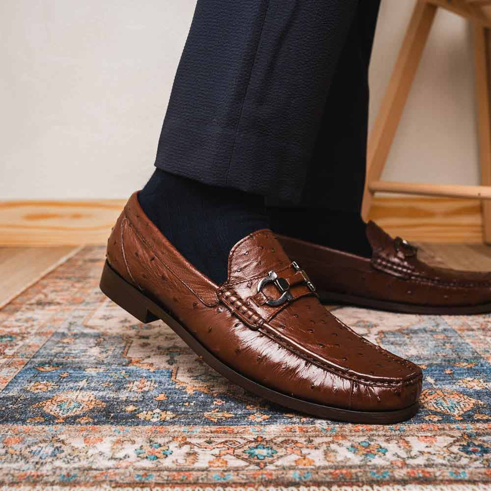 Ferrioni Kango Tabac Men’s Genuine Ostrich Moc Toe Bit Loafers | Marco Di Milano
