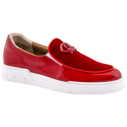 Mauri Men’s Leisure Moc Toe Red Patent Leather & Velvet Luxury Dress Loafers