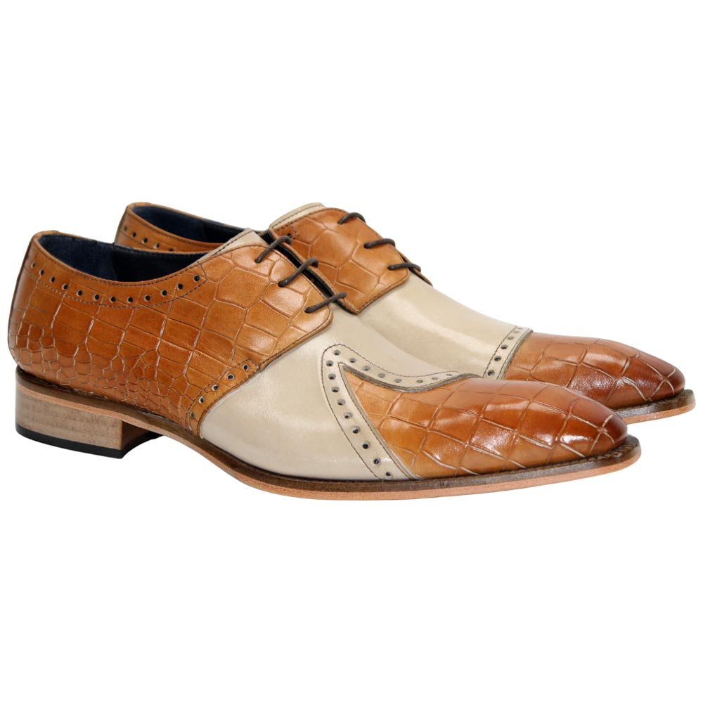 Duca Valentano Men's Cognac/Beige Calf-Skin Croco Print Leather Oxfords Shoes