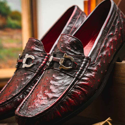 Ferrioni Black Cherry Genuine Ostrich Moc Toe Bit Loafers | MARCO DI MILANO