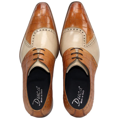Duca Valentano Men's Cognac/Beige Calf-Skin Croco Print Leather Oxfords Shoes