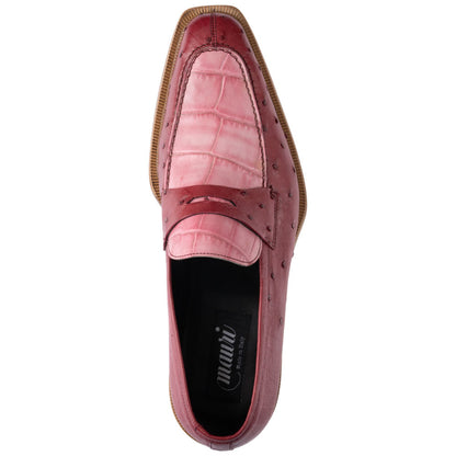 MAURI Shoes Men’s Moc Toe Lace-Up Pink Ostrich Quill & Red Alligator Leather Luxury Dress Shoes