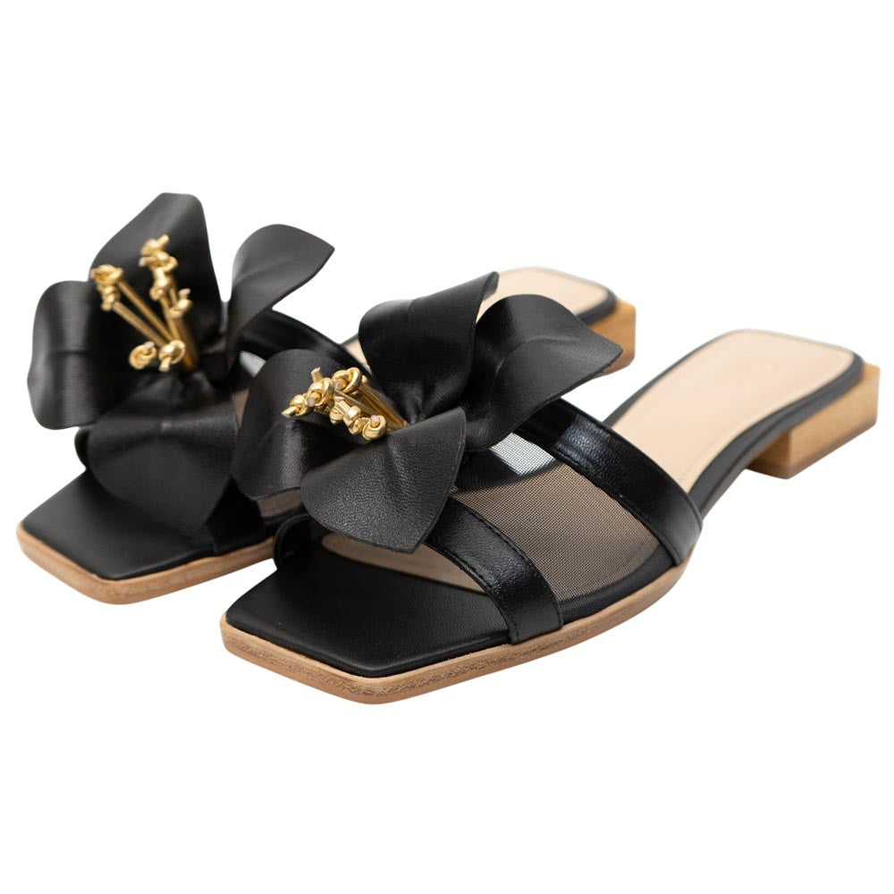Lady Couture Women's Blossom Black Leather Slide Sandals