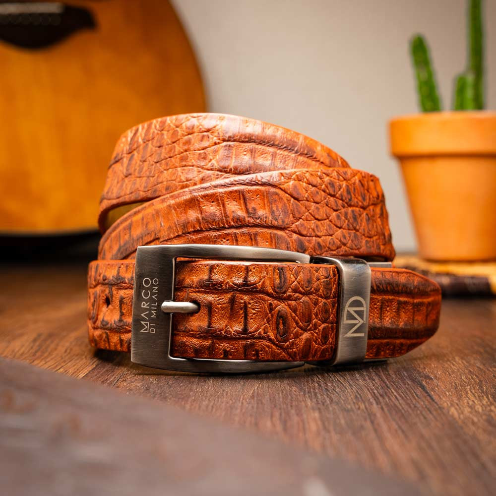 Riccardo Genuine Exotic Caiman Fuscus-Belly Brandy Belt with a Chrome Buckle | Marco Di Milano Exotic Belt