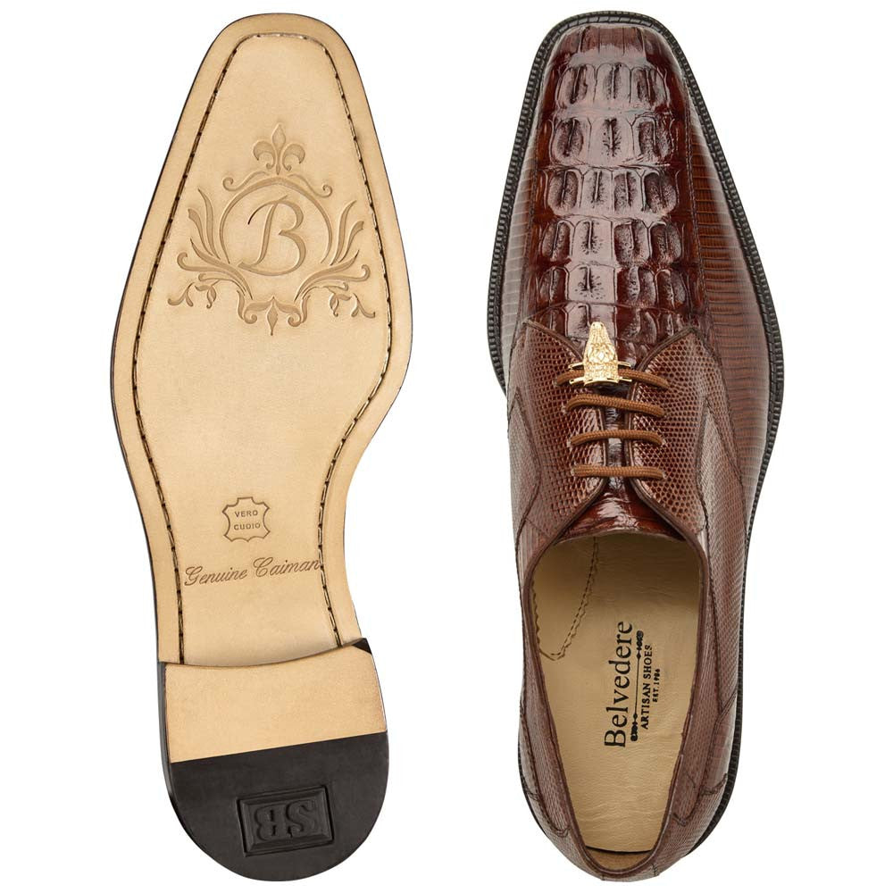 Belvedere Men’s Lusso Genuine Hornback & Lizard Skin Walnut Lace-Up Derby Dress Shoes