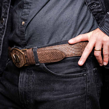 Arkansas Genuine Python Skin Western Belt in Brown with Antique Western Buckle | Marco Di Milano Exotic Belt