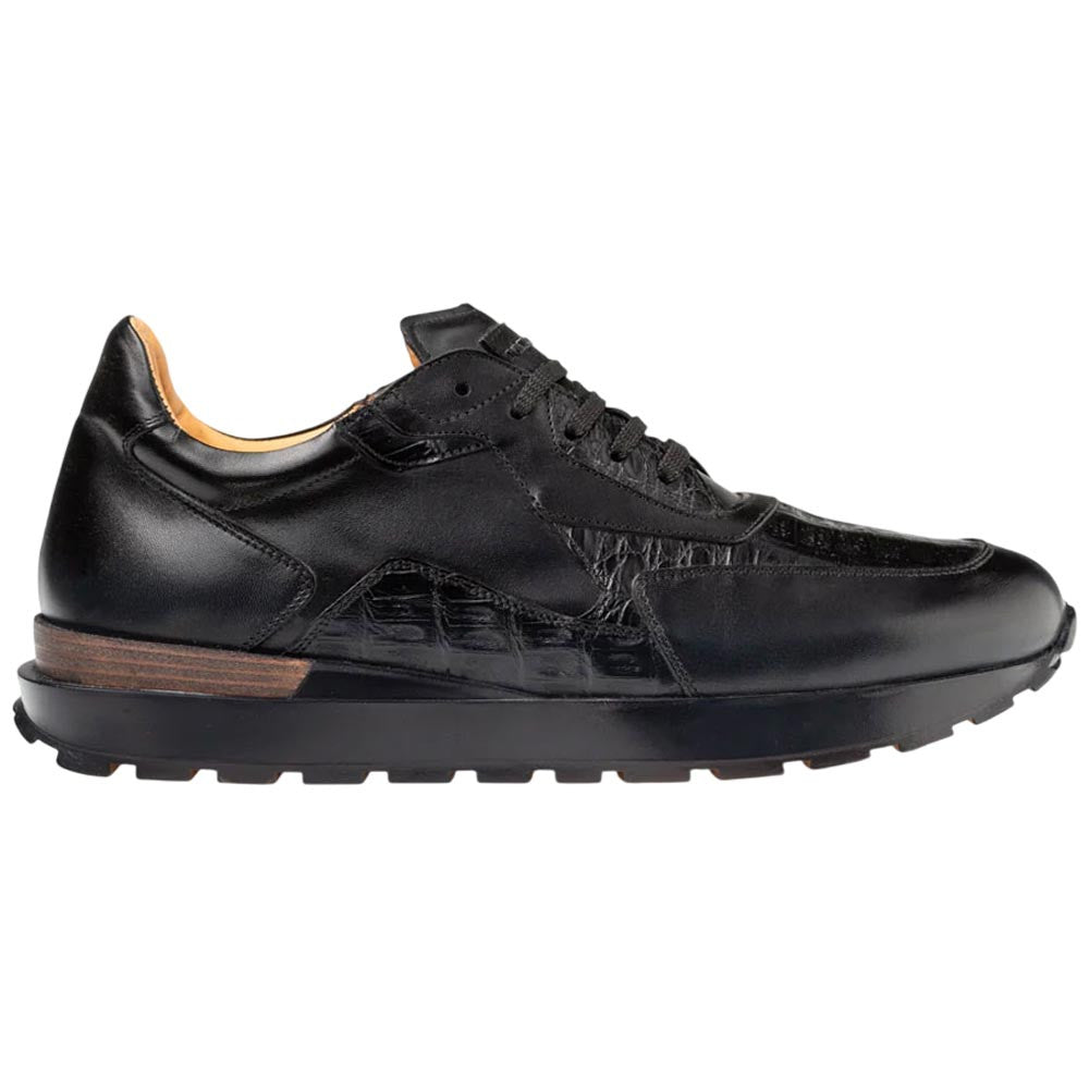 Mezlan Beckton Men's Black Patina Calfskin & Crocodile Dress Sneaker - Handmade in Spain