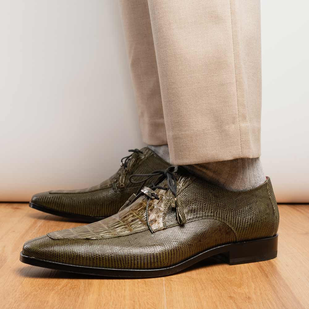 Merida Genuine Caiman and Lizard Skin Olive Green Dress Derby | Marco Di Milano