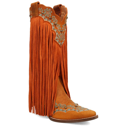 Tequila Sunrise Suede Rust with Turquoise Embroidered Fringe Snip Toe Women Boot | Dingo Western Cowgirl Boots