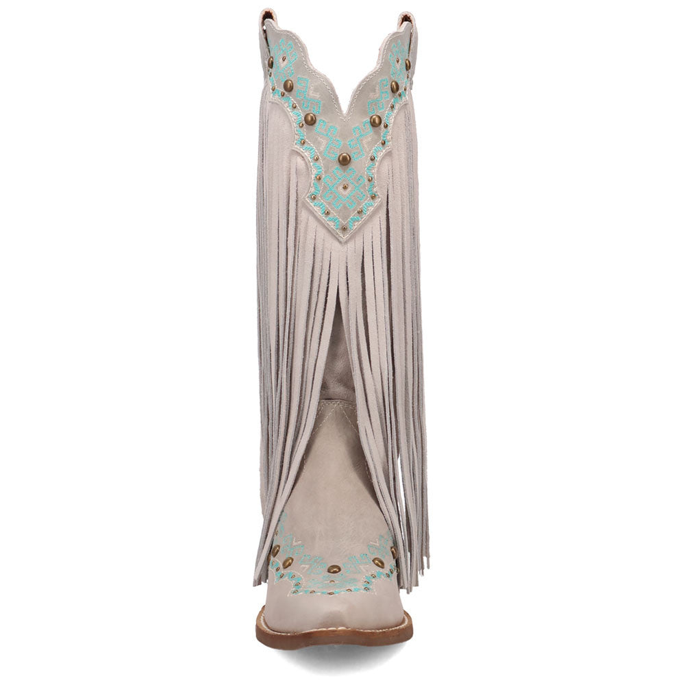 Tequila Sunrise Suede Off-White with Turquoise Embroidered Fringe Snip Toe Women Boot | Dingo Western Cowgirl Boots