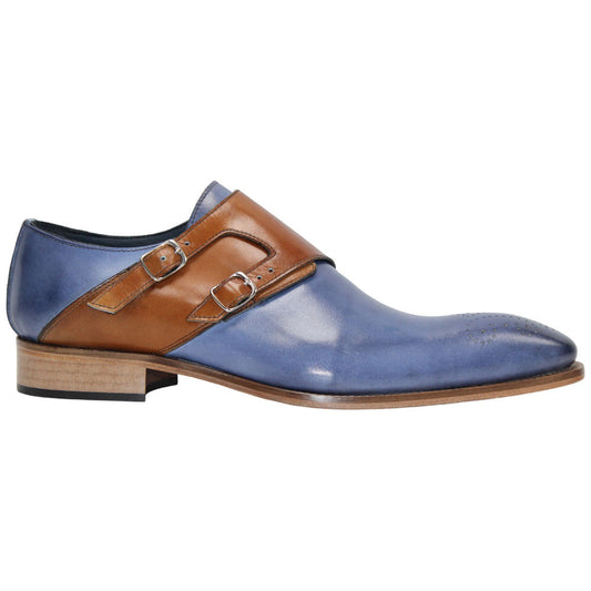 Vergato Light Blue/Cognac Calfskin Leather Monkstraps Oxford | Duca Dress Shoes for Men