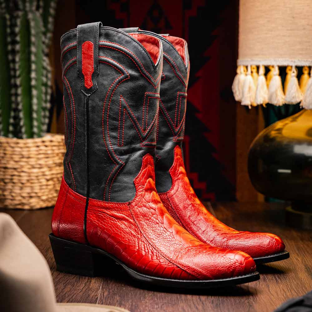 Denver Genuine Ostrich Leg Skin Red Cowboy Boot | Marco Di Milano Western Boots