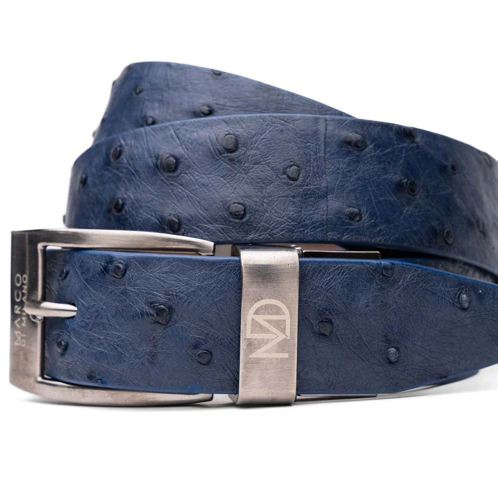 Domenico Men’s Genuine Exotic Ostrich Belts With Brushed Chrome Buckle | Marco Di Milano Exotic Belt in Navy