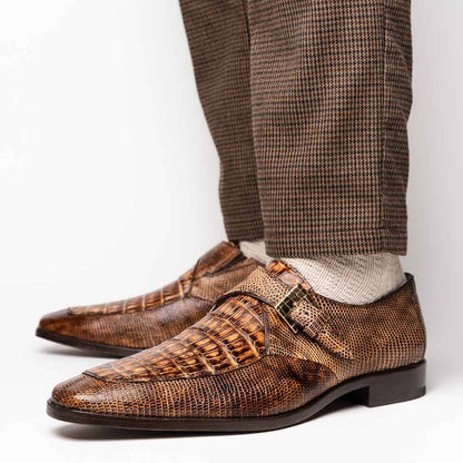 Toluca Genuine Crocodile and Lizard Skin Monk Strap | Marco Di Milano Exotic Dress Shoes in Rustic Orix