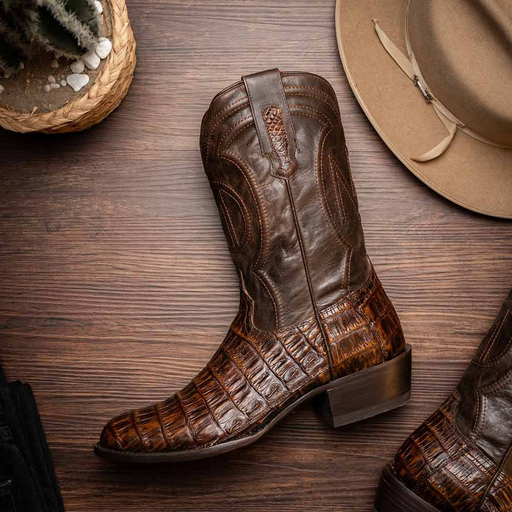 Phoenix Genuine Caiman Belly Skin Aged Brown Cowboy Boot | Marco Di Milano Western Boots