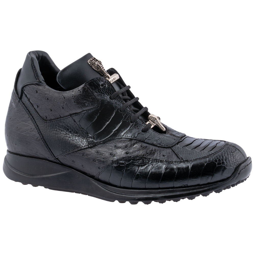 MAURI Shoes Men’s Brett Mid-Top Black Ostrich Quill, Ostrich Leg & Calfskin Leather Luxury Ankle Sneakers